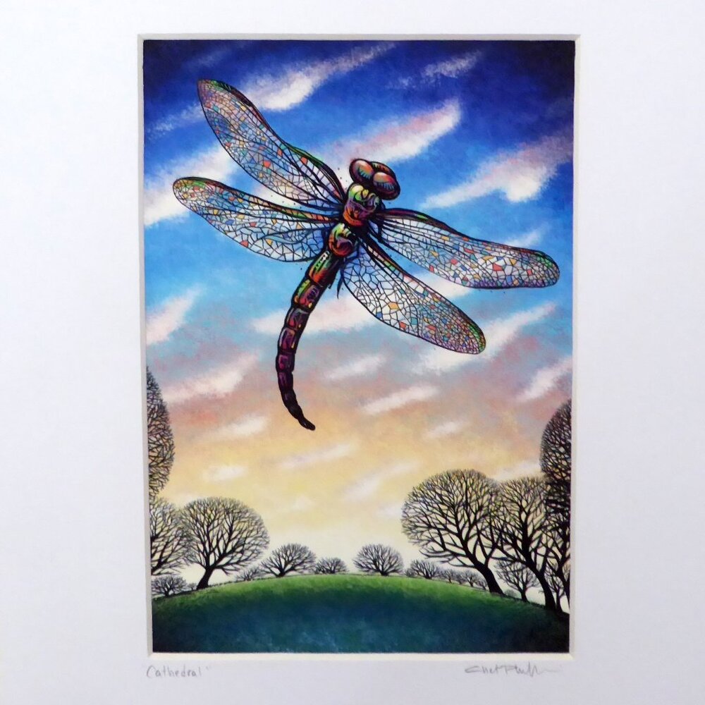 “CATHEDRAL” DRAGONFLY STAINED GLASS WINGS FRAMED SIGNED ART PRINT CHET PHILLIPS
